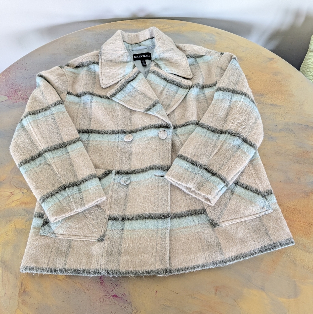 Ellen Tracy Women's Cream Black Oversized Double-Breasted Plaid Pea Coat Size L